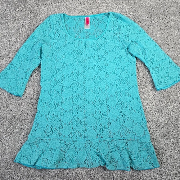 Betsey Johnson‎ Top Womens Medium Blue Lace Sheer Trumpet Sleeve Tunic Blouse - Picture 1 of 10